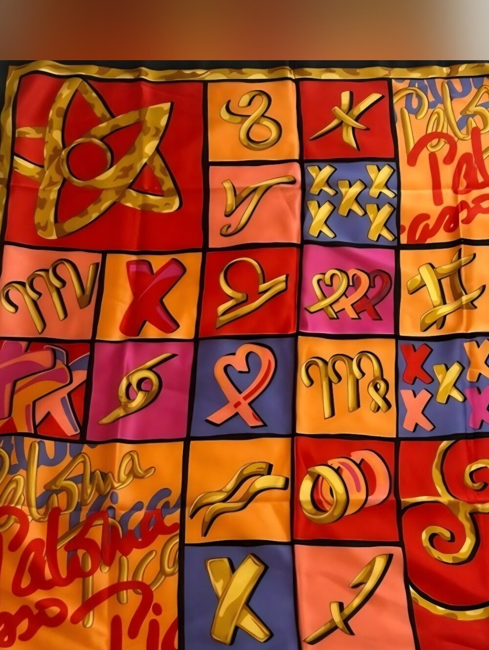 Paloma Picasso Red Orange Purple Silk Scarf with Zodiac Motif